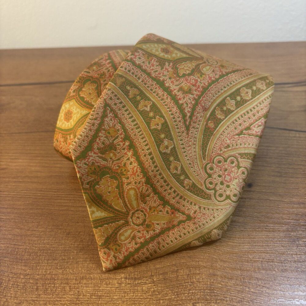 Vintage Lord & Taylor Men's Tie Paisley Green Orange 100% Silk Made In England